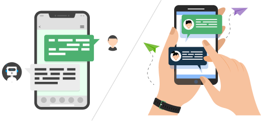 Illustration comparing WhatsApp business auto replies and manual messaging.